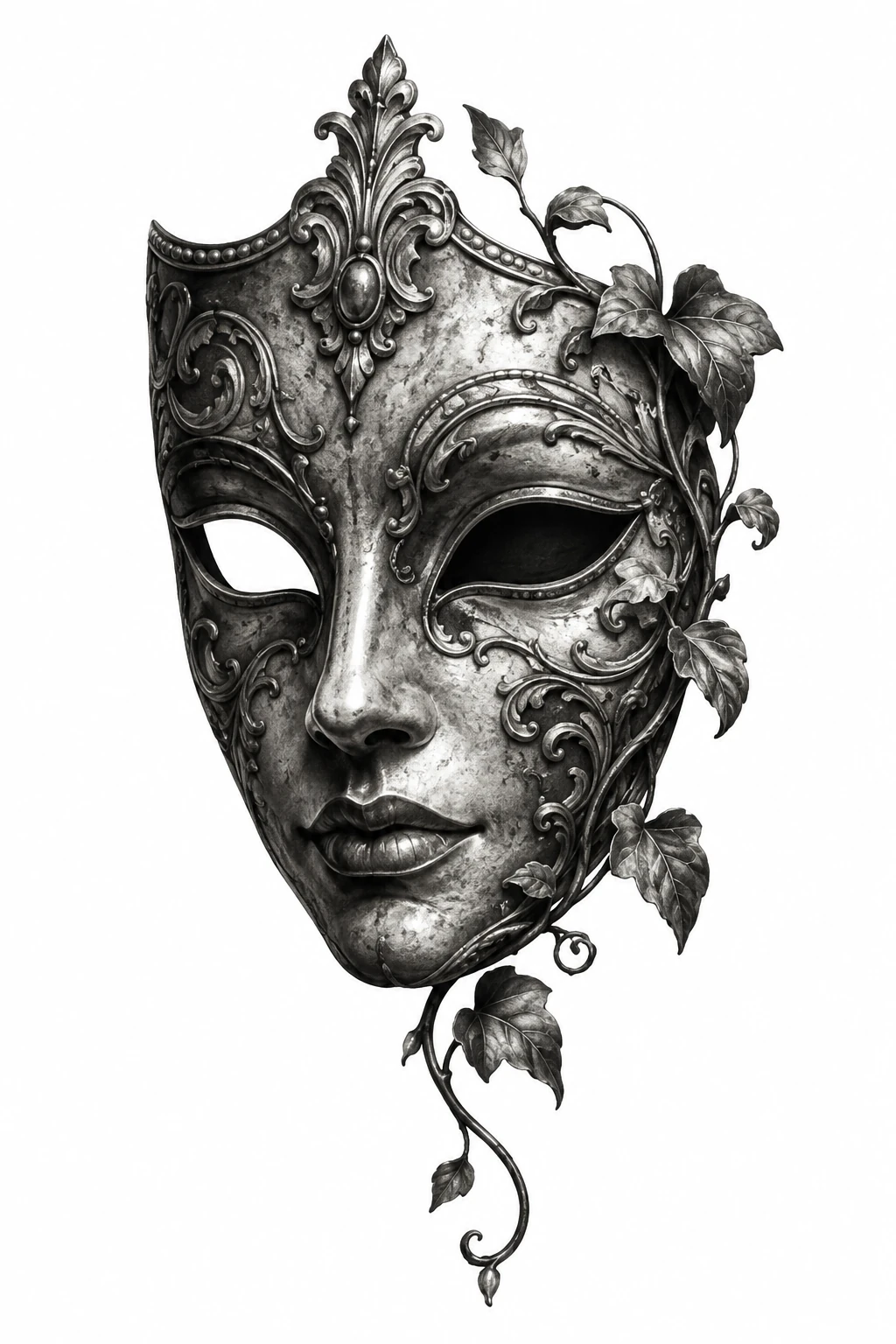 Desenho de tatuagem de Máscara teatral antiga com videira ornamental, modelo NR-0785, em preto e cinza.