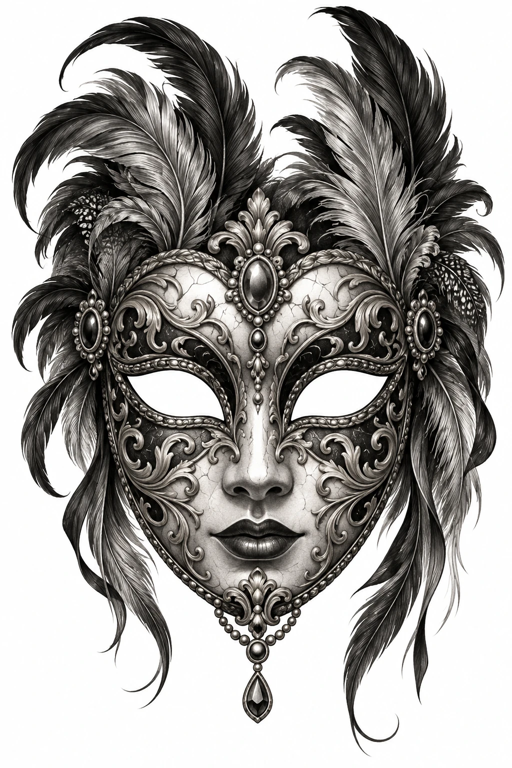 Desenho de tatuagem de Máscara veneziana com penas e arabescos, modelo NR-0786, em preto e cinza.