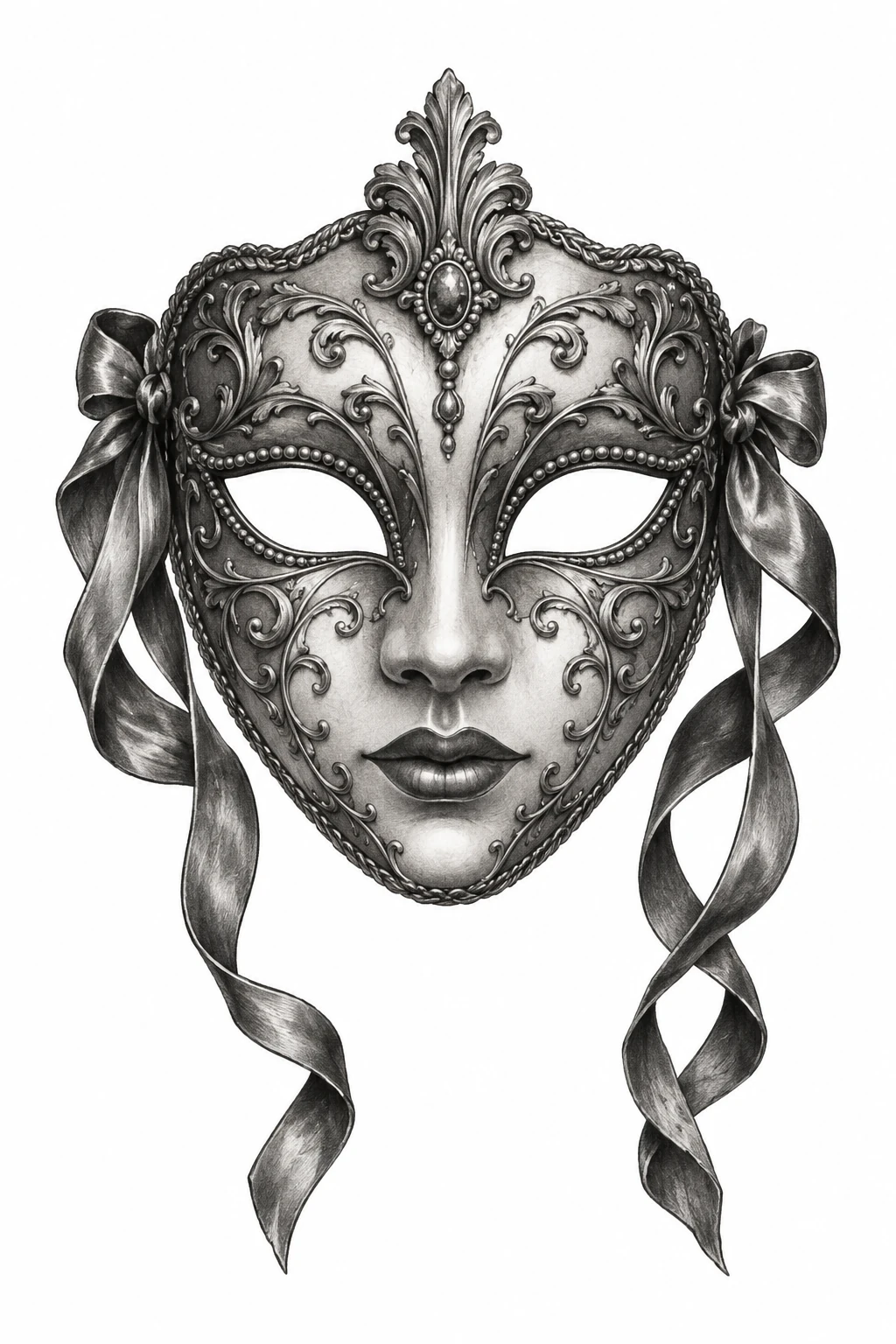 Desenho de tatuagem de Máscara veneziana realista com filigrana, modelo NR-0787, em preto e cinza.