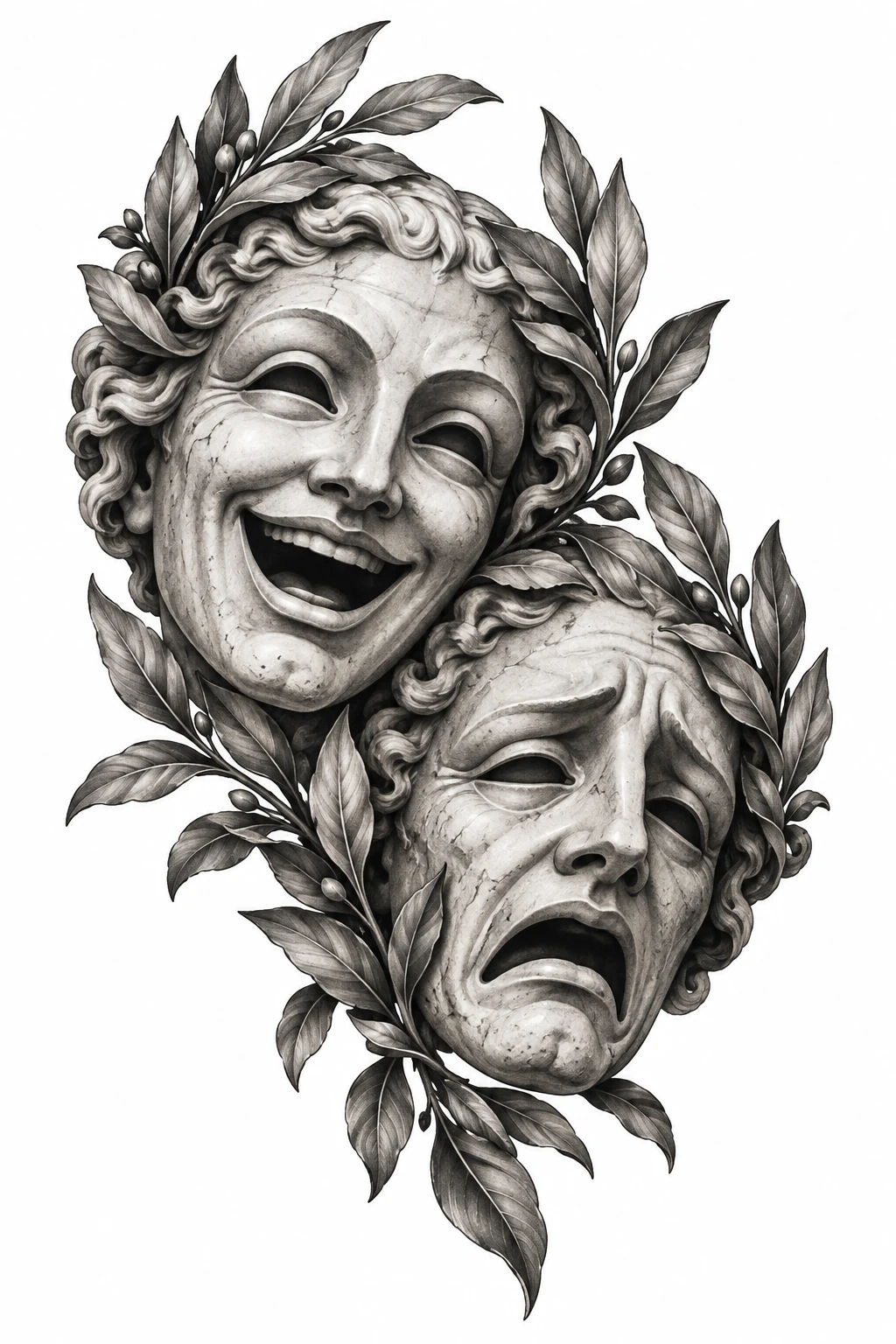 Desenho de tatuagem de Máscaras teatrais com folhas de louro, modelo NR-0788, em preto e cinza.