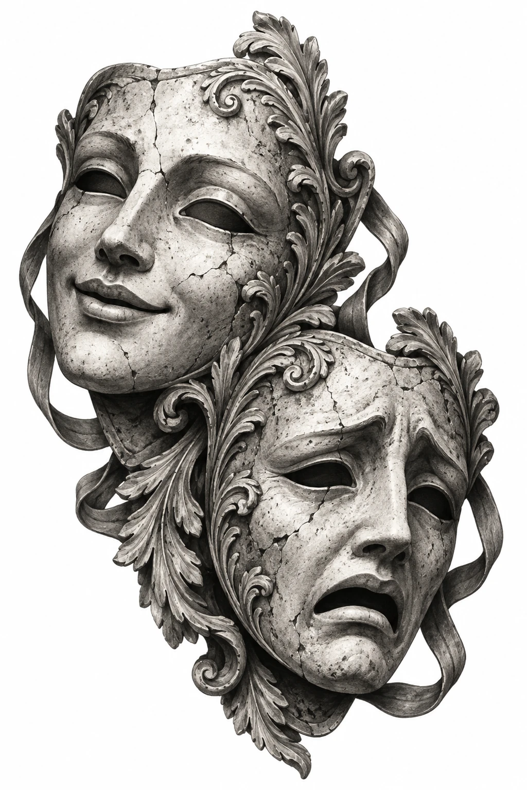 Desenho de tatuagem de Máscaras teatrais: serenidade e melancolia, modelo NR-0789, em preto e cinza.