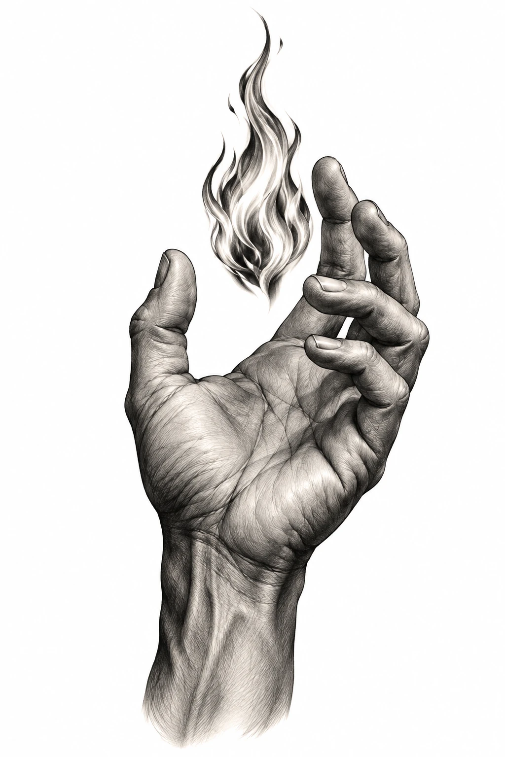 Desenho de tatuagem de Mão anatômica sustentando uma chama, modelo NR-0790, em preto e cinza.