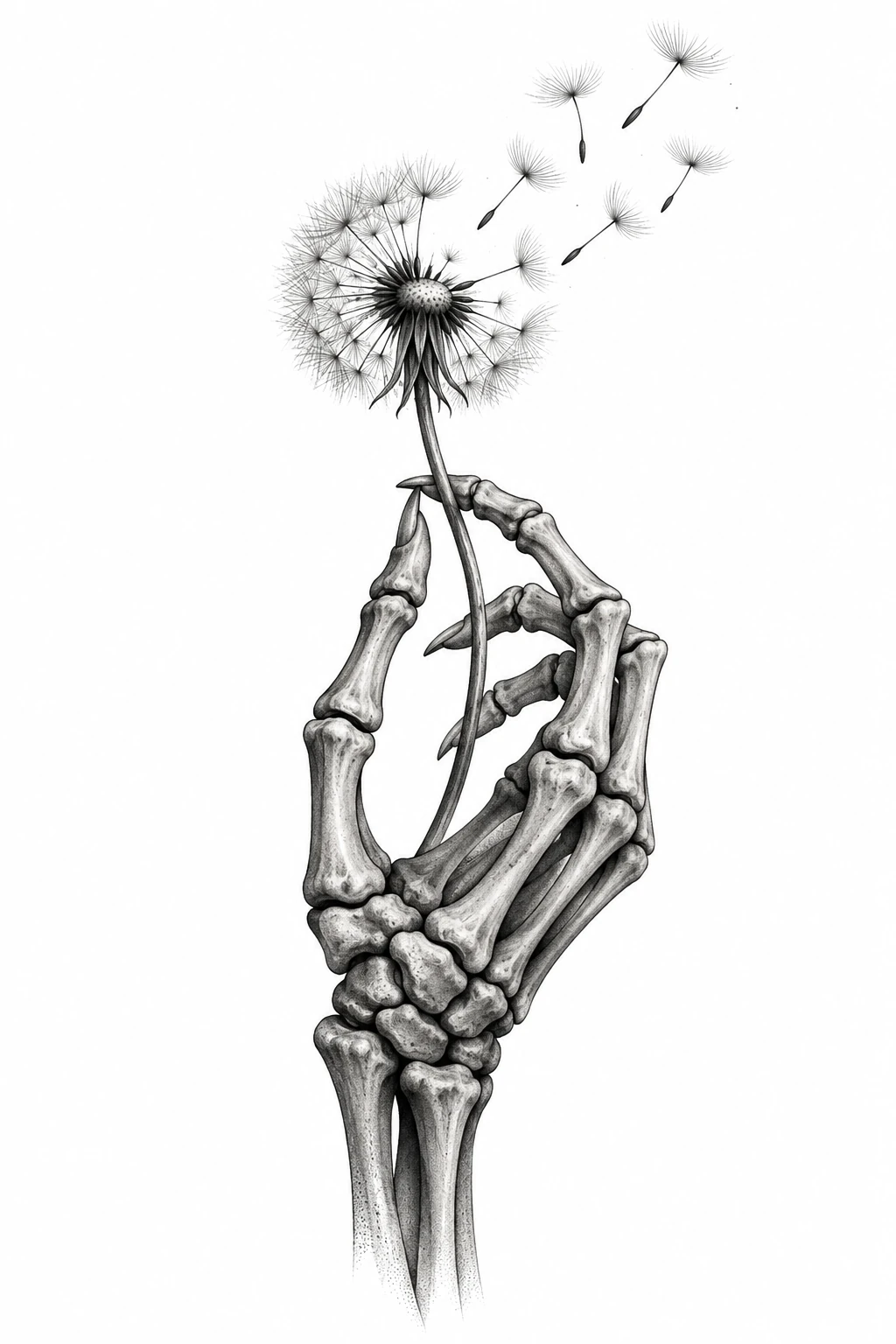 Desenho de tatuagem de Mão esquelética com dente-de-leão, modelo NR-0791, em preto e cinza.