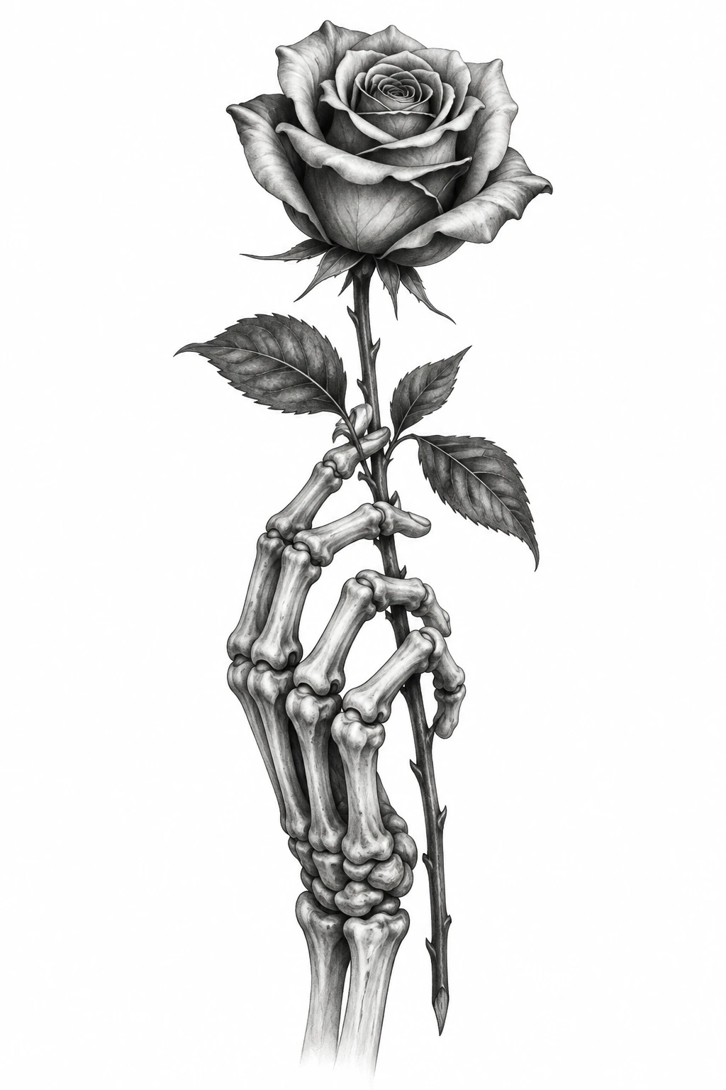 Desenho de tatuagem de Mão esquelética segurando uma rosa, modelo NR-0792, em preto e cinza.