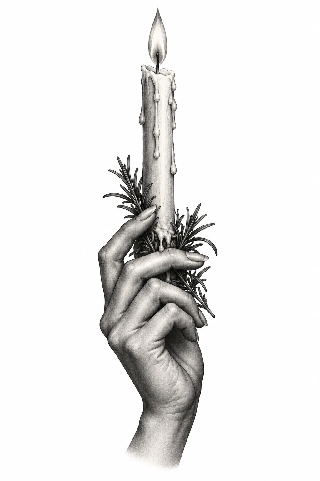 Desenho de tatuagem de Mão graciosa com vela e alecrim, modelo NR-0794, em preto e cinza.