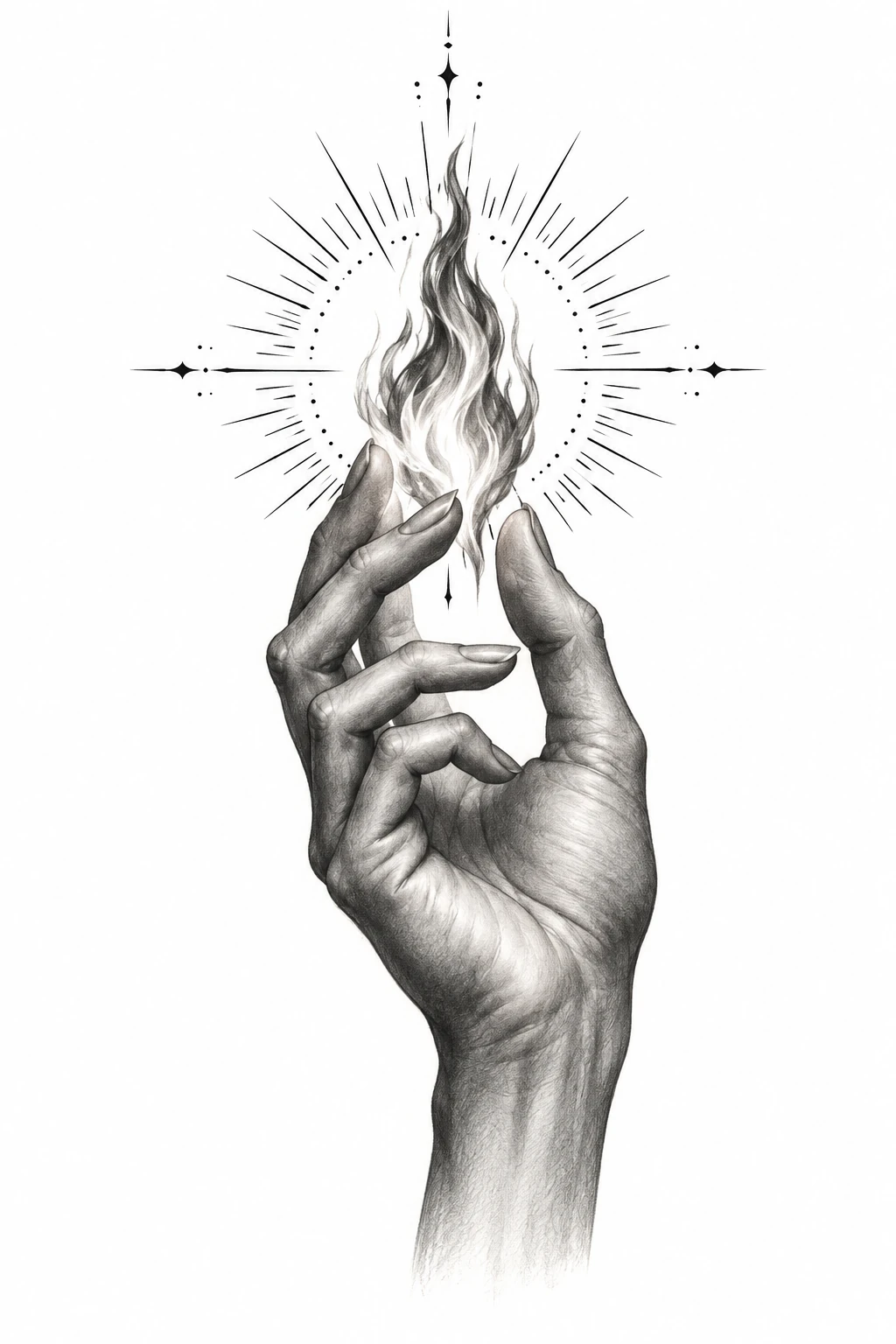 Desenho de tatuagem de Mão segurando chama com raios delicados, modelo NR-0795, em preto e cinza.