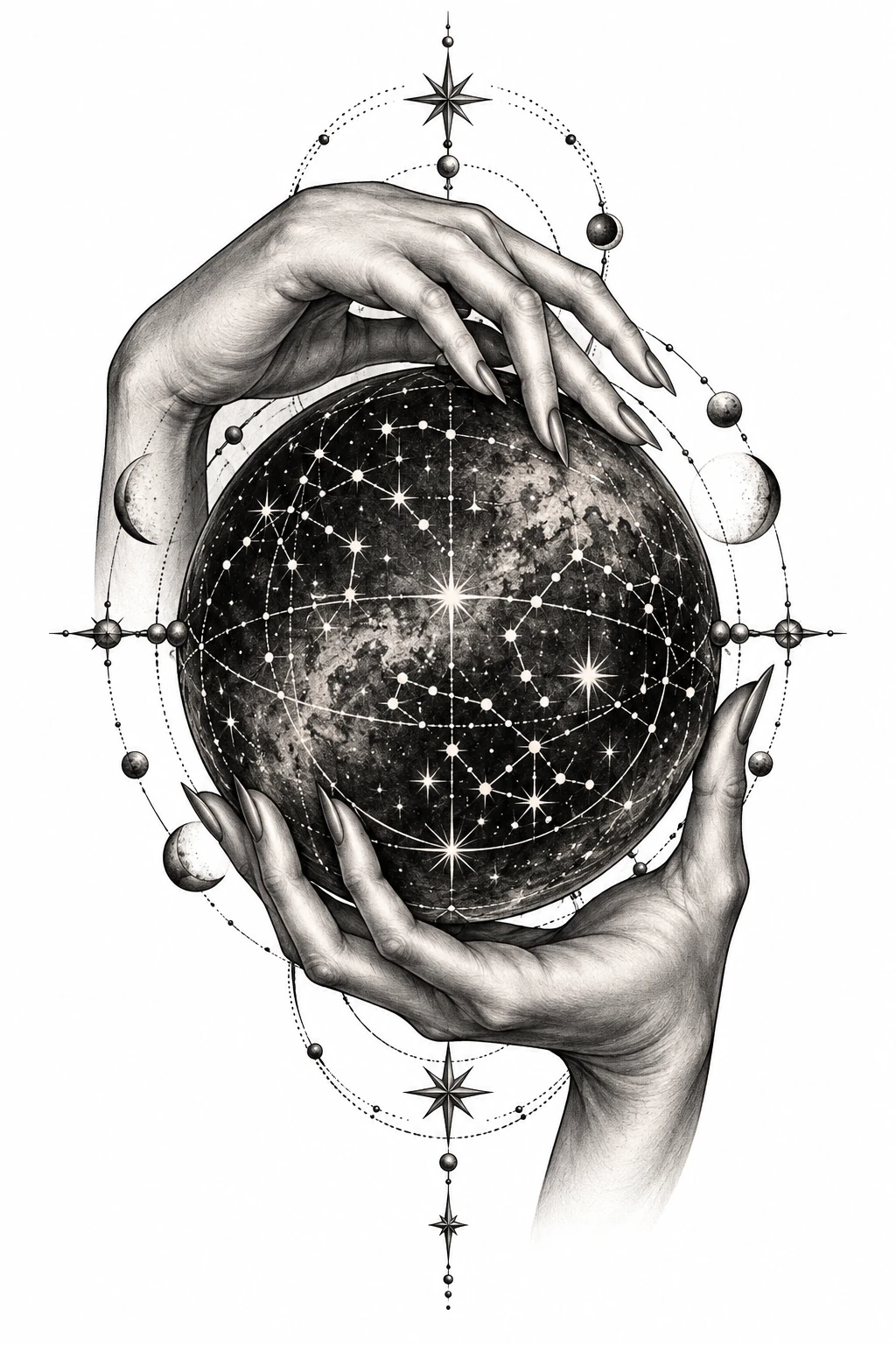 Desenho de tatuagem de Mãos com esfera de constelações, modelo NR-0796, em preto e cinza.