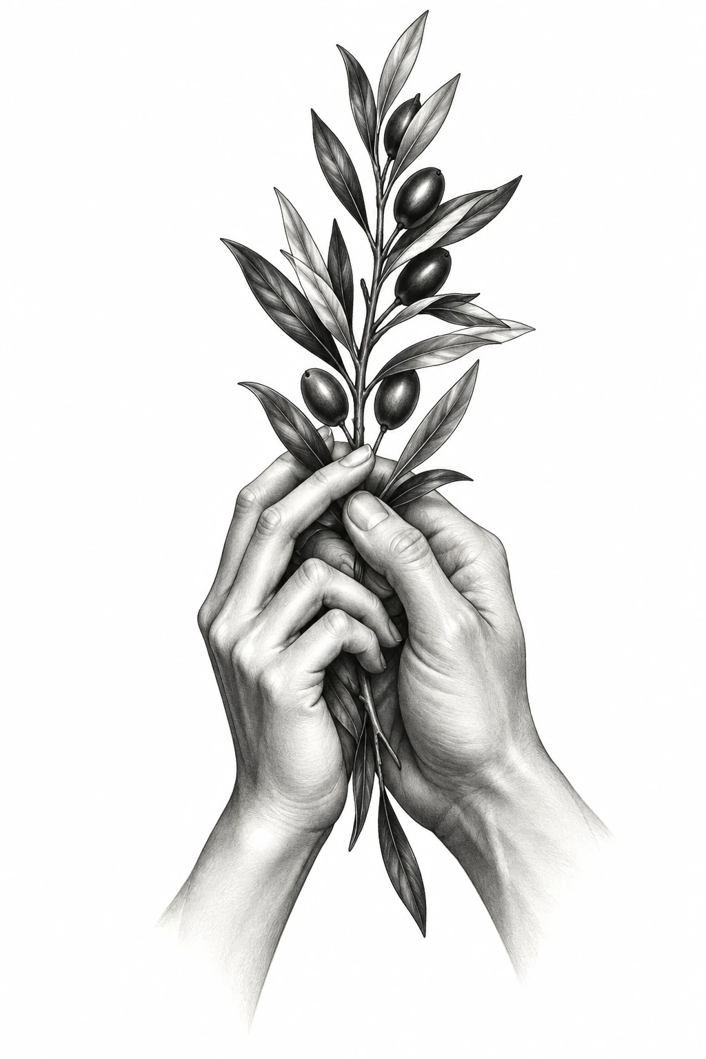 Desenho de tatuagem de Mãos delicadas envolvendo ramo de oliveira, modelo NR-0797, em preto e cinza.