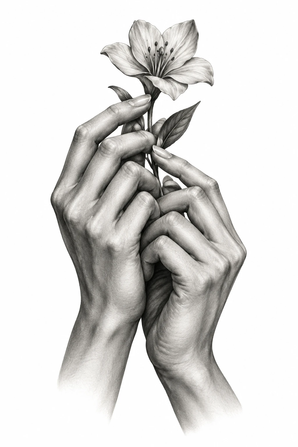 Desenho de tatuagem de Mãos delicadas segurando uma flor, modelo NR-0798, em preto e cinza.