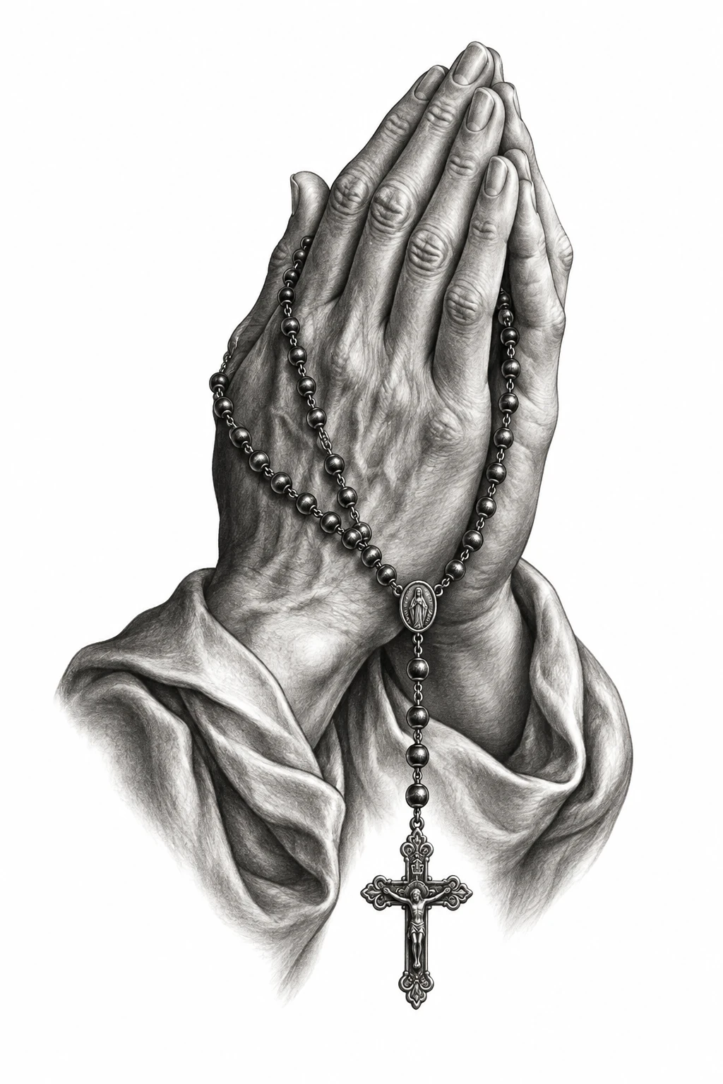 Desenho de tatuagem de Mãos em oração com rosário, modelo NR-0800, em preto e cinza.