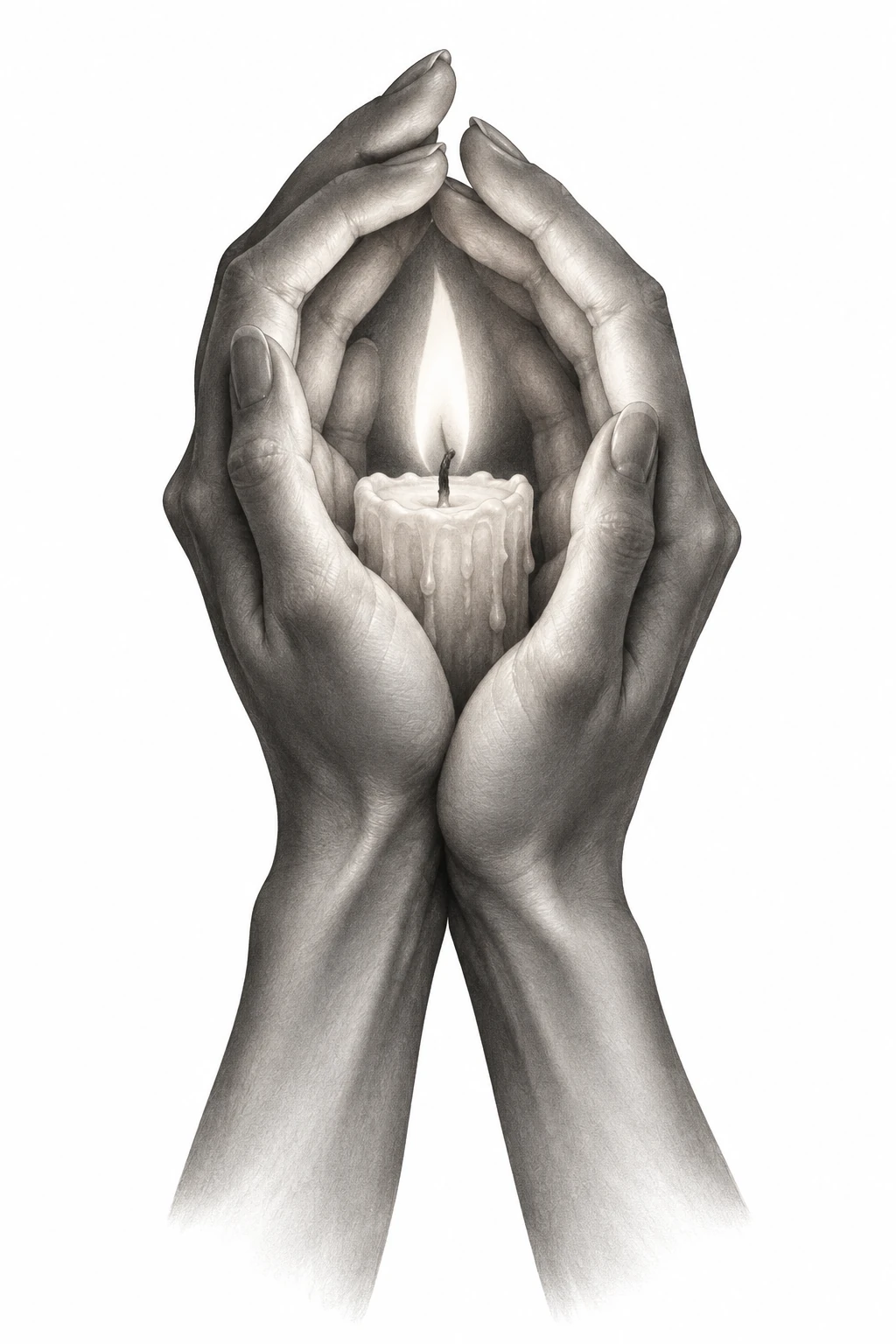 Desenho de tatuagem de Mãos protegendo uma pequena chama, modelo NR-0801, em preto e cinza.