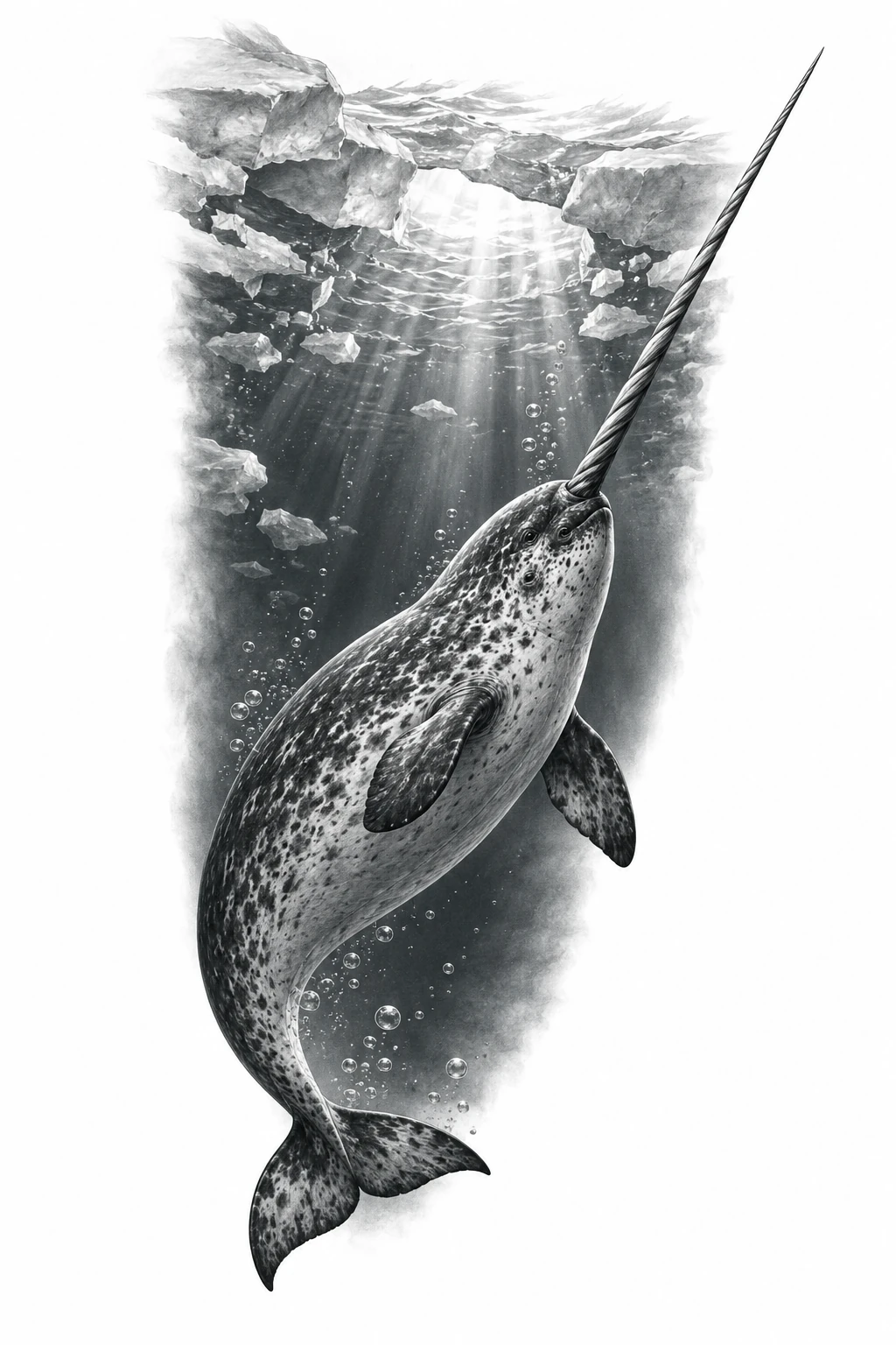 Desenho de tatuagem de Narval sob o gelo fraturado, modelo NR-0803, em preto e cinza.