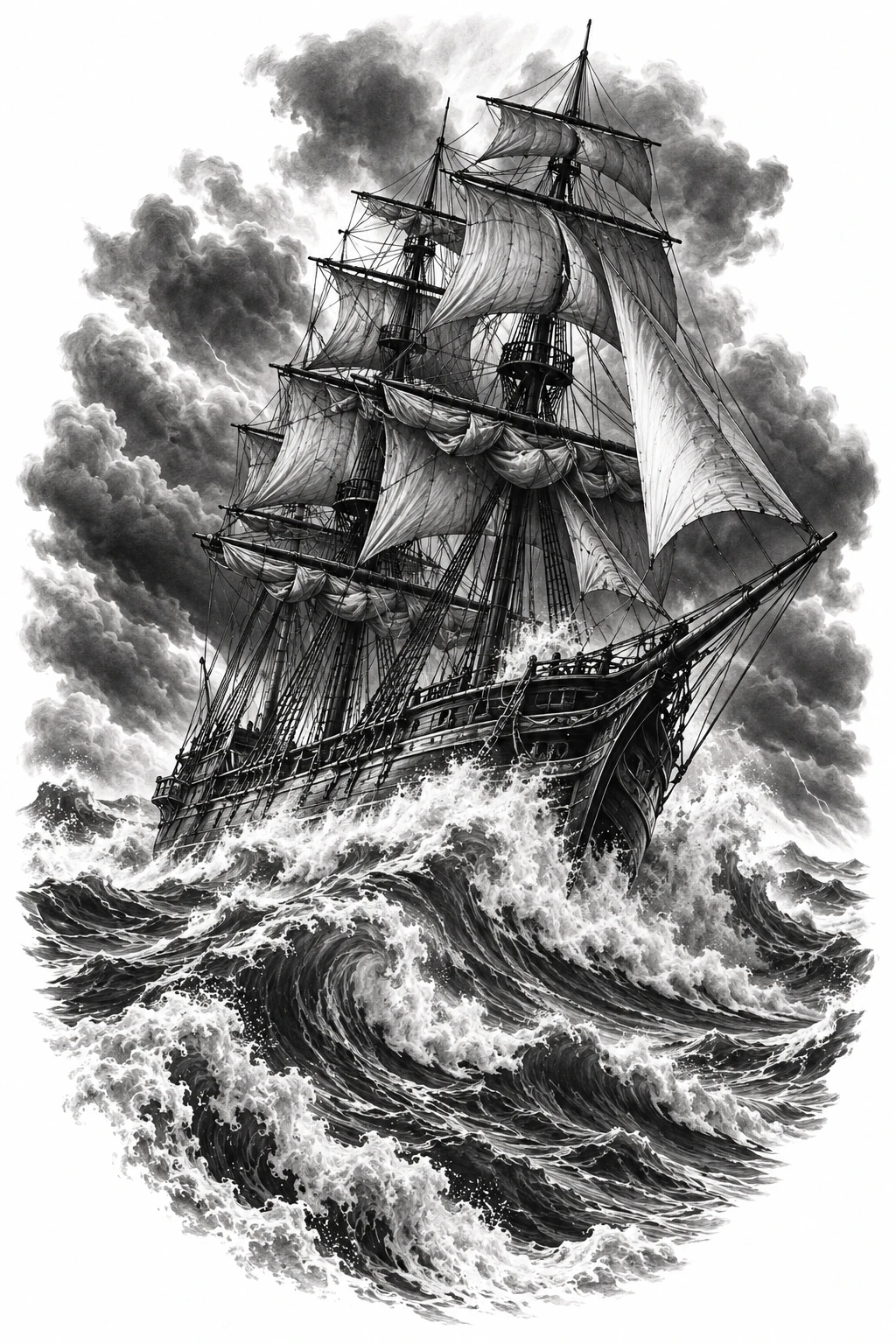 Desenho de tatuagem de Navio de três mastros na tempestade(1), modelo NR-0804, em preto e cinza.