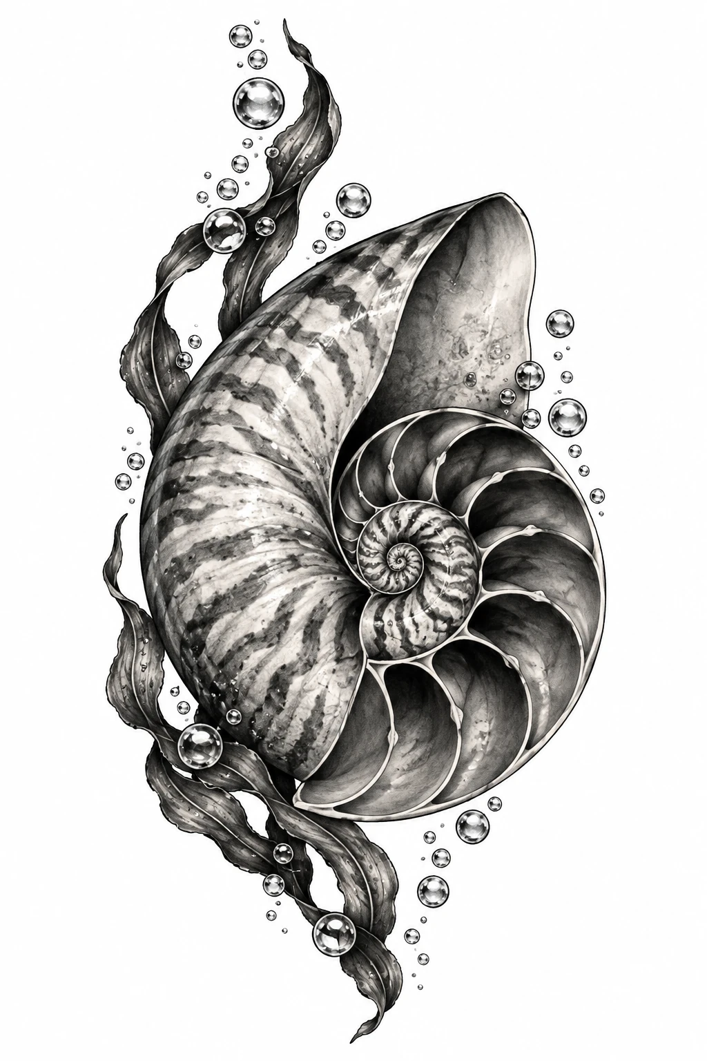 Desenho de tatuagem de Náutilo espiral com bolhas e algas, modelo NR-0805, em preto e cinza.