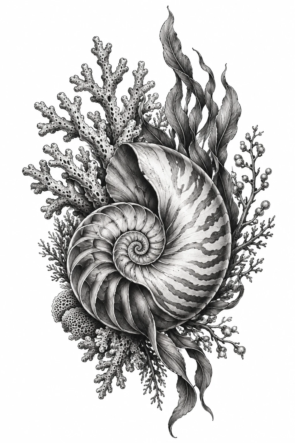 Desenho de tatuagem de Náutilo espiral com coral e algas, modelo NR-0806, em preto e cinza.