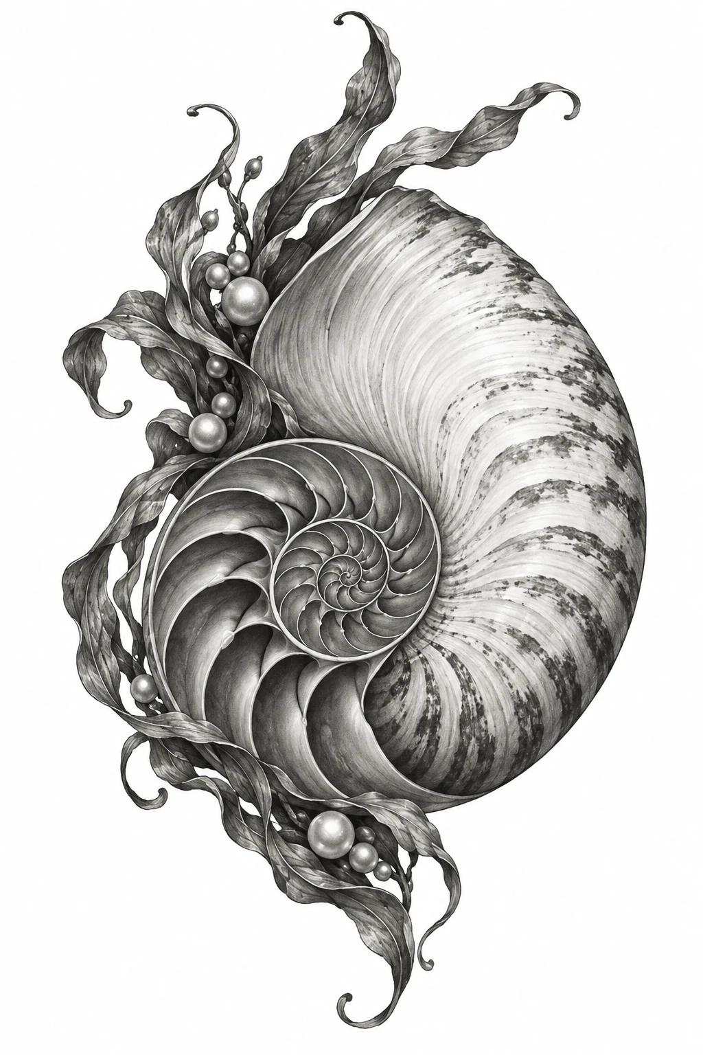 Desenho de tatuagem de Náutilo espiral com pérolas e algas, modelo NR-0807, em preto e cinza.