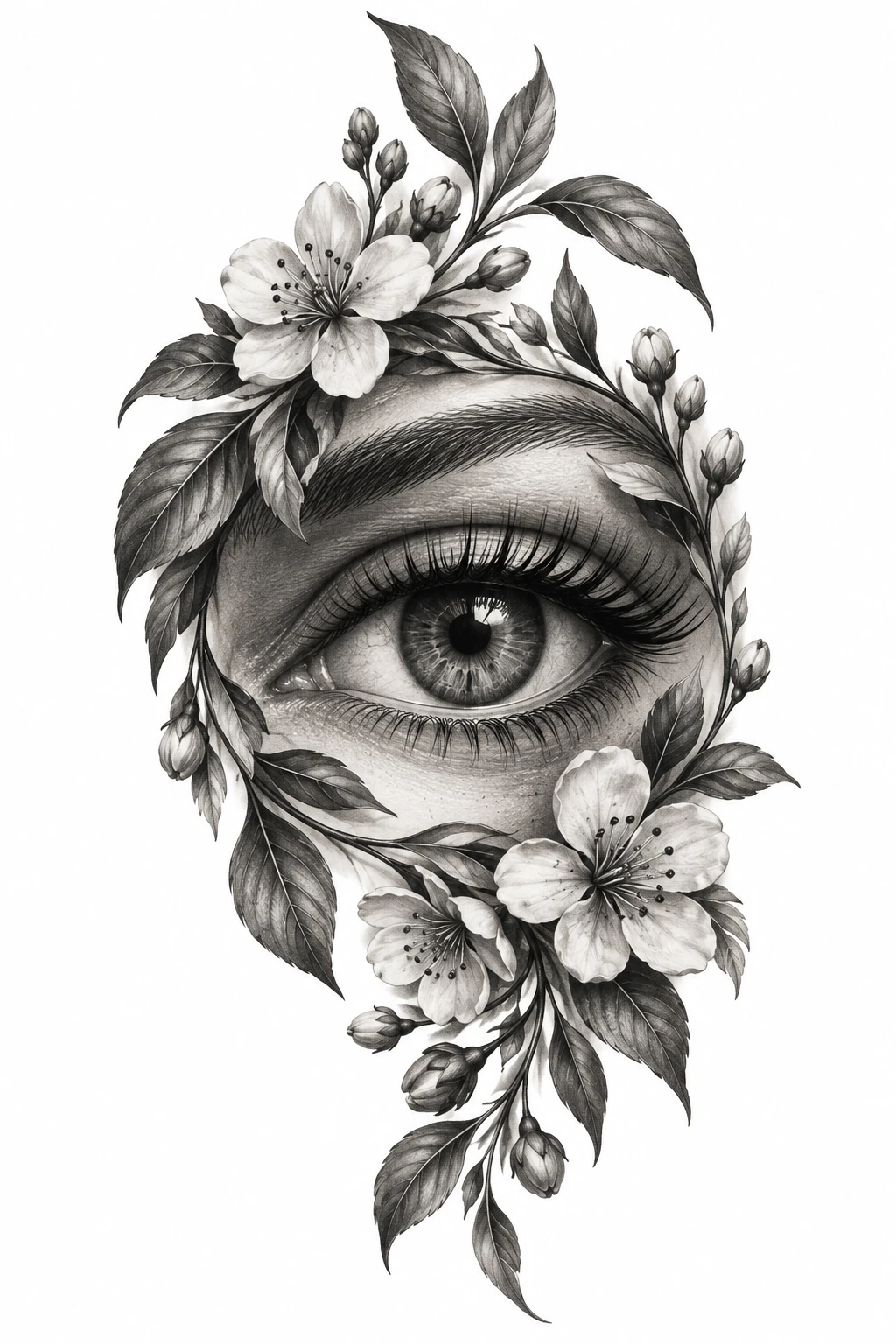 Desenho de tatuagem de Olho realista com coroa floral, modelo NR-0809, em preto e cinza.