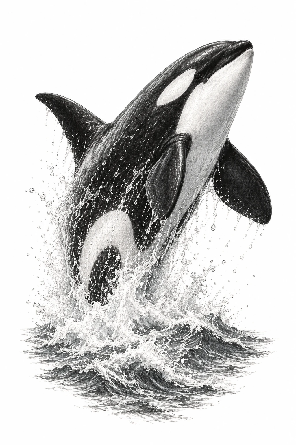 Desenho de tatuagem de Orca emergindo entre ondas e espuma, modelo NR-0811, em preto e cinza.