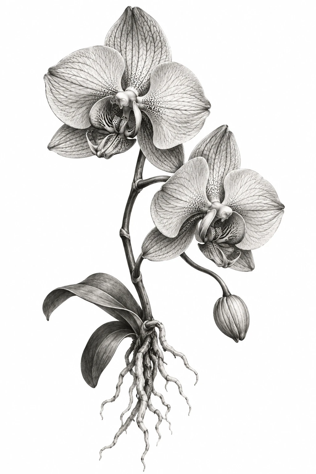 Desenho de tatuagem de Orquídea com flores, botão e raízes, modelo NR-0812, em preto e cinza.