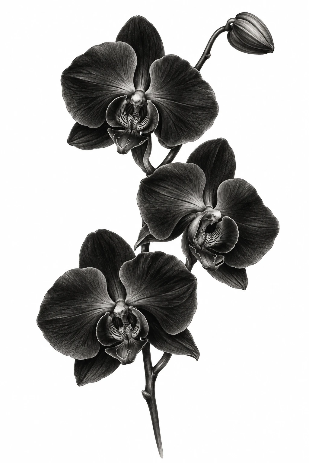 Desenho de tatuagem de Orquídea negra realista com três flores, modelo NR-0813, em preto e cinza.