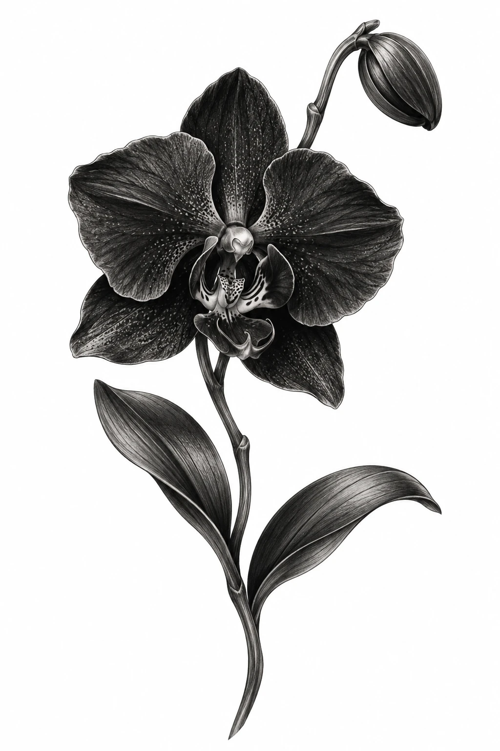 Desenho de tatuagem de Orquídea negra realista, modelo NR-0814, em preto e cinza.