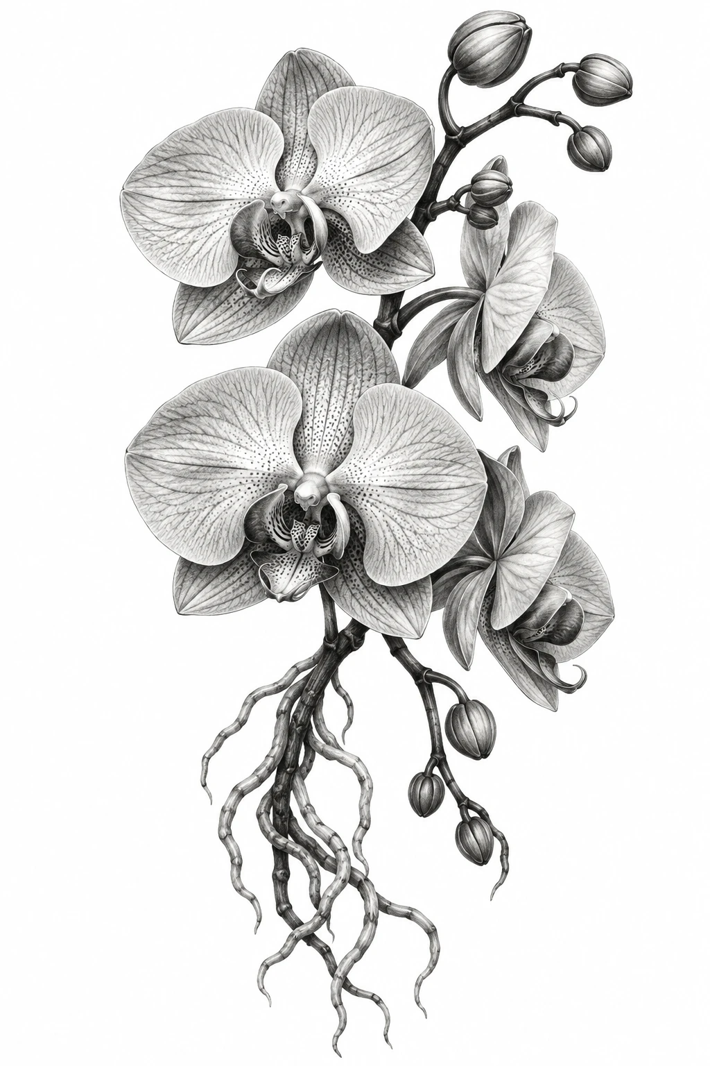 Desenho de tatuagem de Orquídea phalaenopsis em preto e cinza, modelo NR-0815, em preto e cinza.