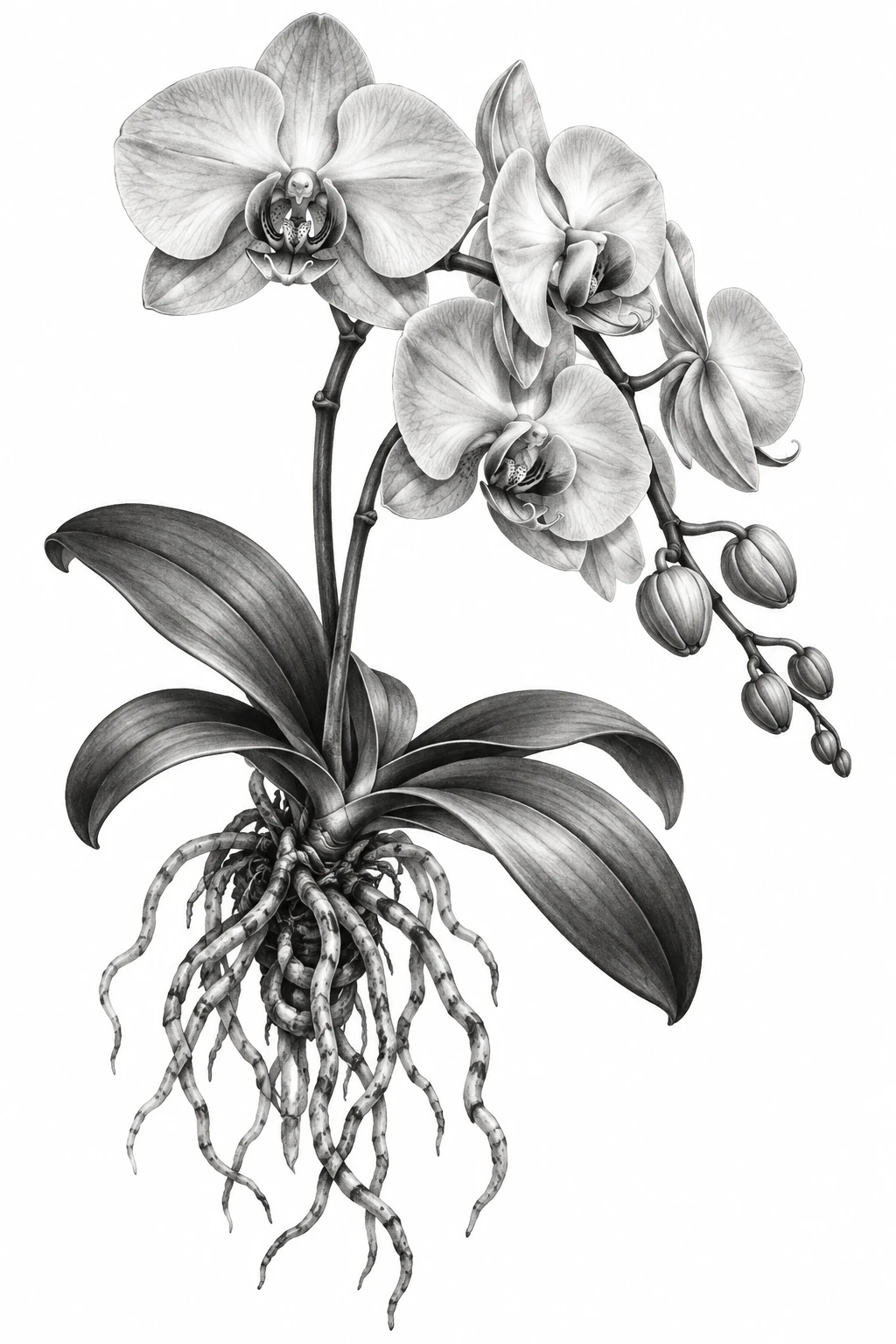 Desenho de tatuagem de Orquídea realista com raízes pendentes, modelo NR-0816, em preto e cinza.