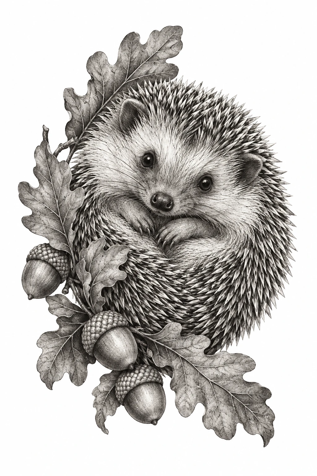 Desenho de tatuagem de Ouriço enrolado entre folhas e bolotas, modelo NR-0817, em preto e cinza.