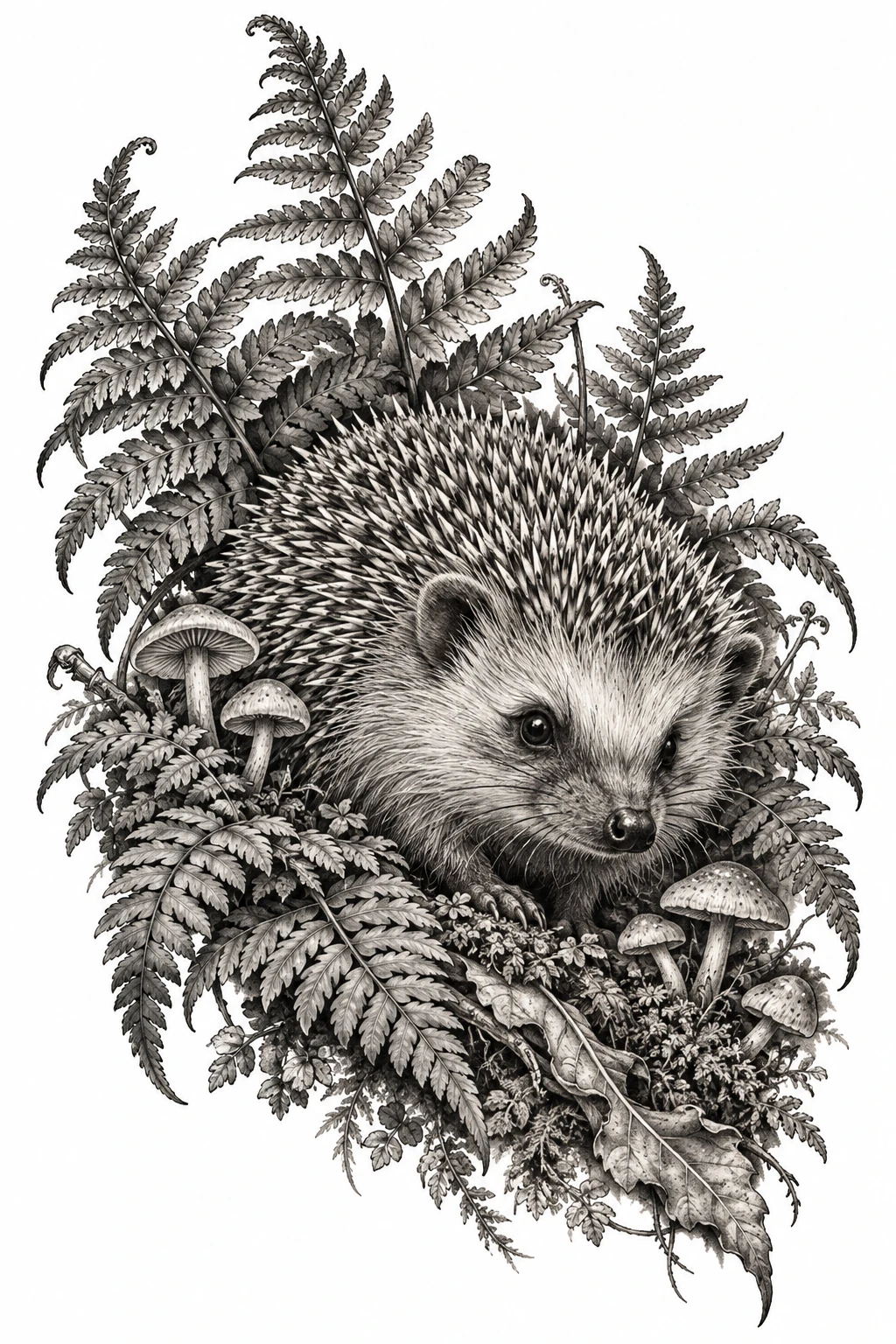 Desenho de tatuagem de Ouriço-cacheiro entre samambaias e cogumelos, modelo NR-0818, em preto e cinza.