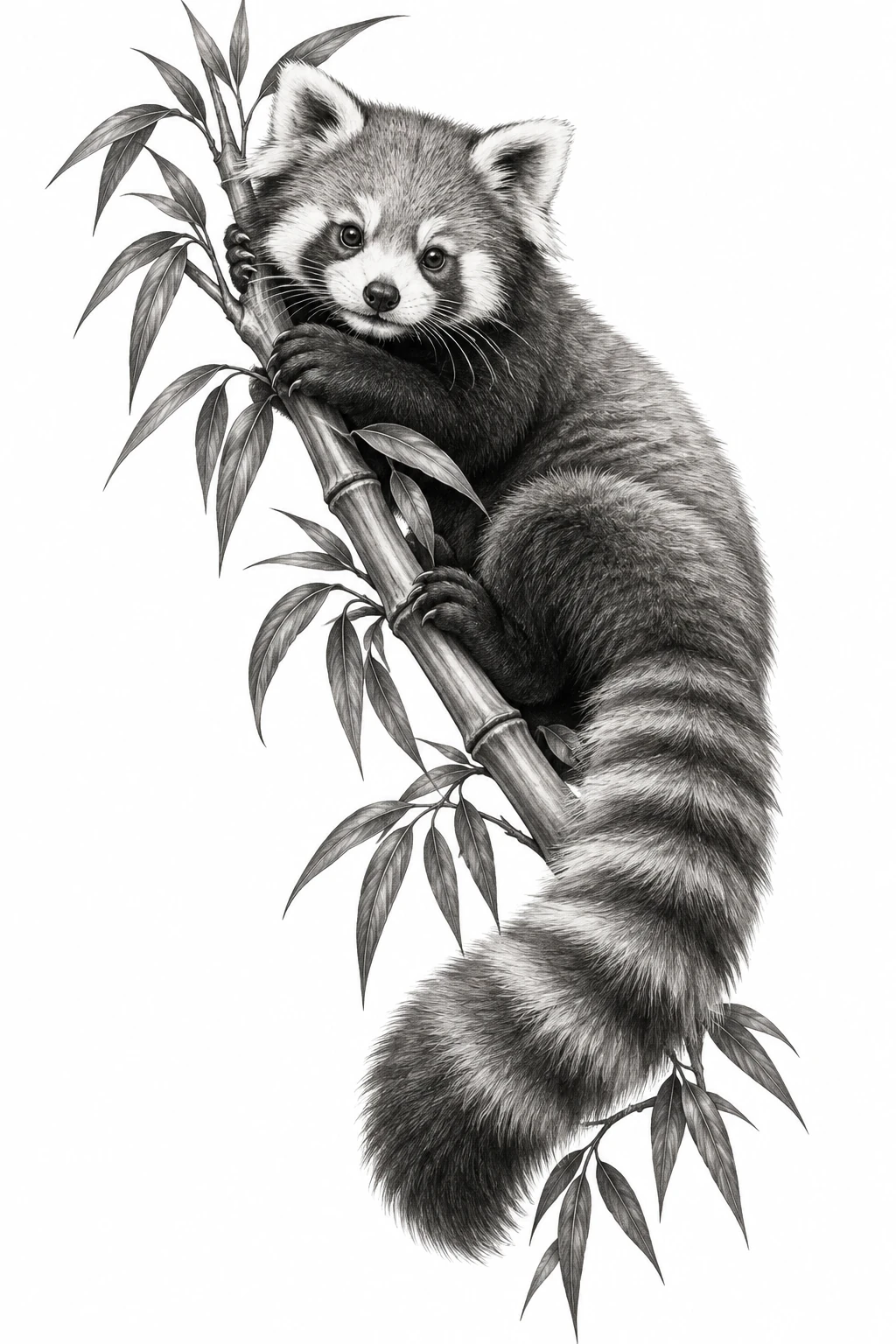 Desenho de tatuagem de Panda-vermelho enrolado no bambu, modelo NR-0819, em preto e cinza.