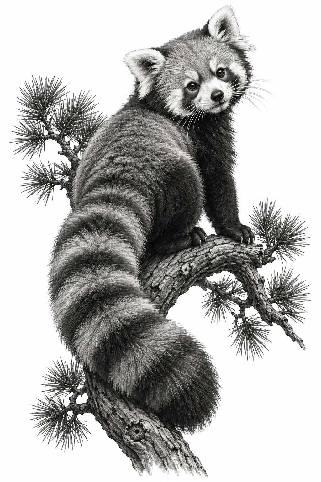 Desenho de tatuagem de Panda-vermelho no galho curvado, modelo NR-0820, em preto e cinza.