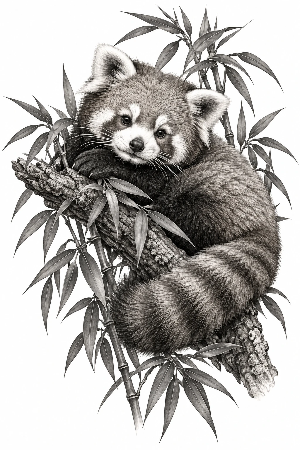 Desenho de tatuagem de Panda-vermelho sereno entre folhas de bambu, modelo NR-0821, em preto e cinza.