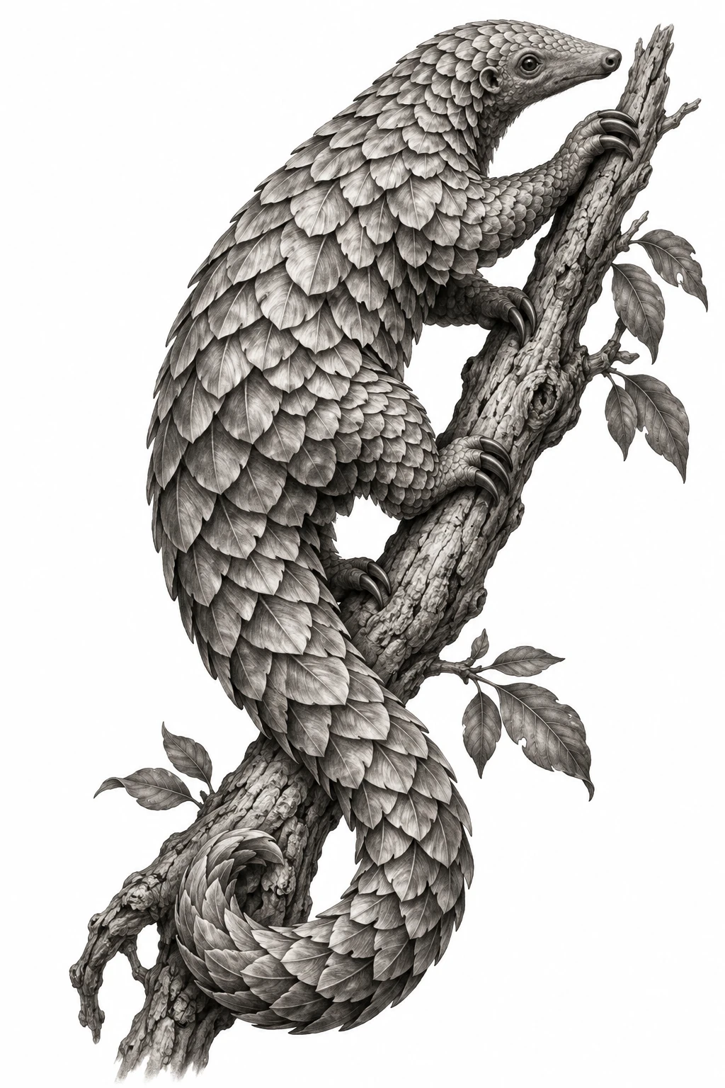 Desenho de tatuagem de Pangolim em galho retorcido, modelo NR-0822, em preto e cinza.