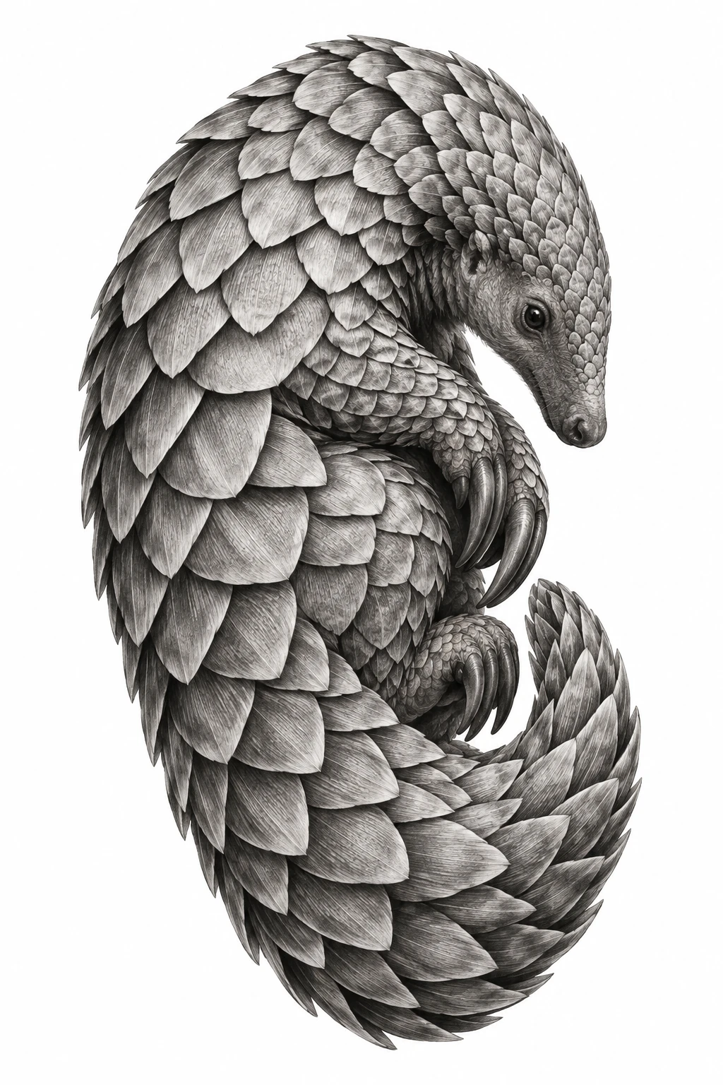 Desenho de tatuagem de Pangolim realista em arco protetor, modelo NR-0823, em preto e cinza.