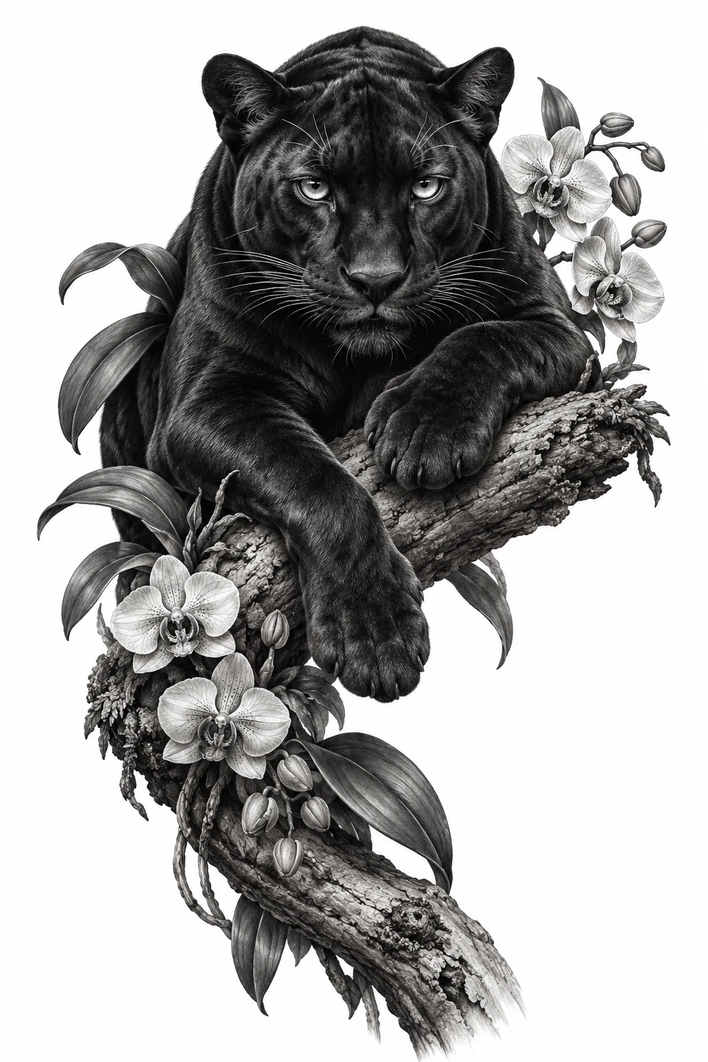 Desenho de tatuagem de Pantera negra com orquídeas no galho, modelo NR-0824, em preto e cinza.