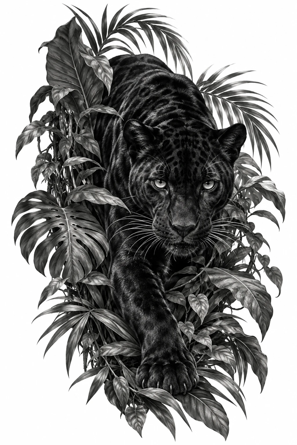 Desenho de tatuagem de Pantera negra entre a folhagem, modelo NR-0825, em preto e cinza.