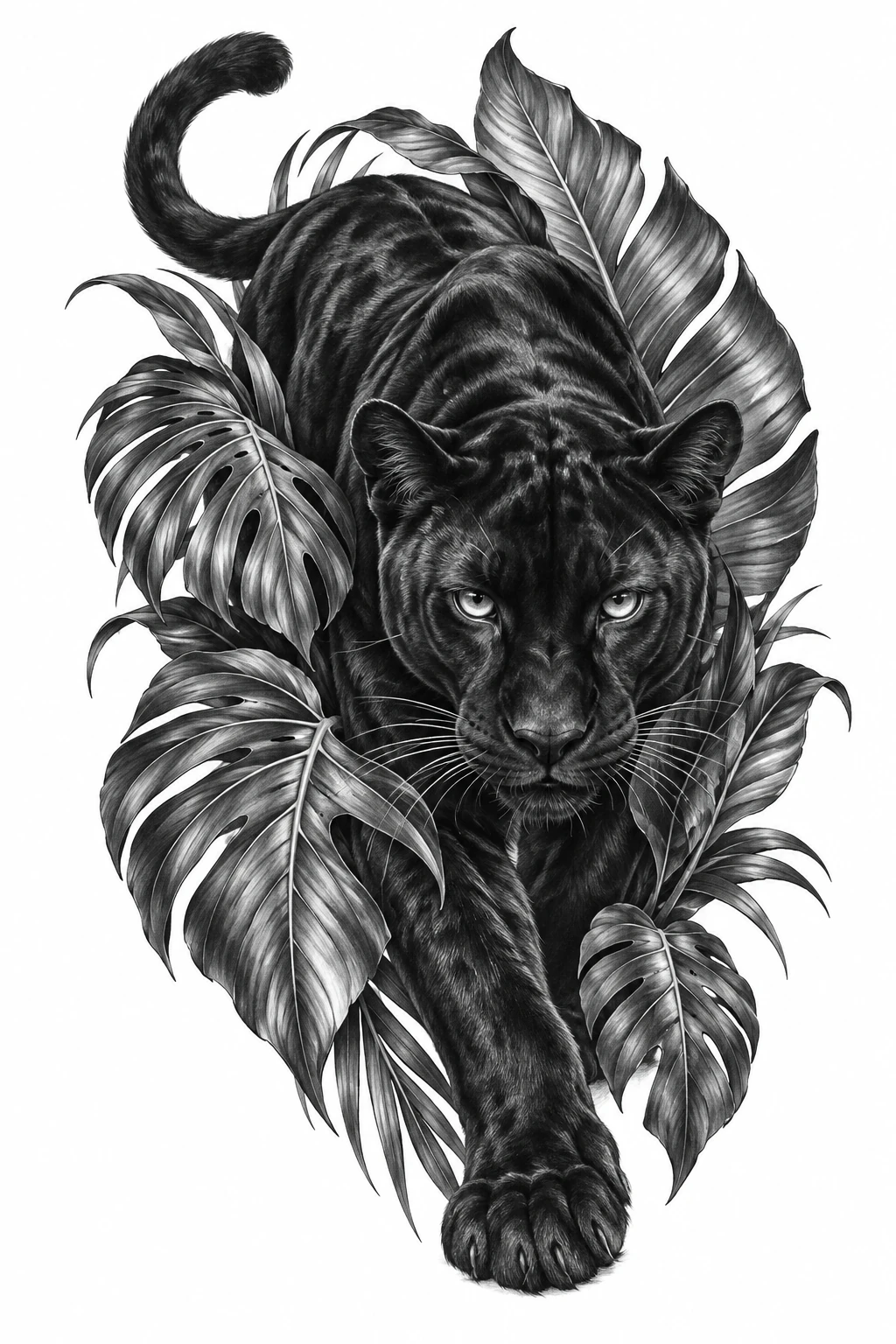 Desenho de tatuagem de Pantera negra entre folhas tropicais(1), modelo NR-0826, em preto e cinza.