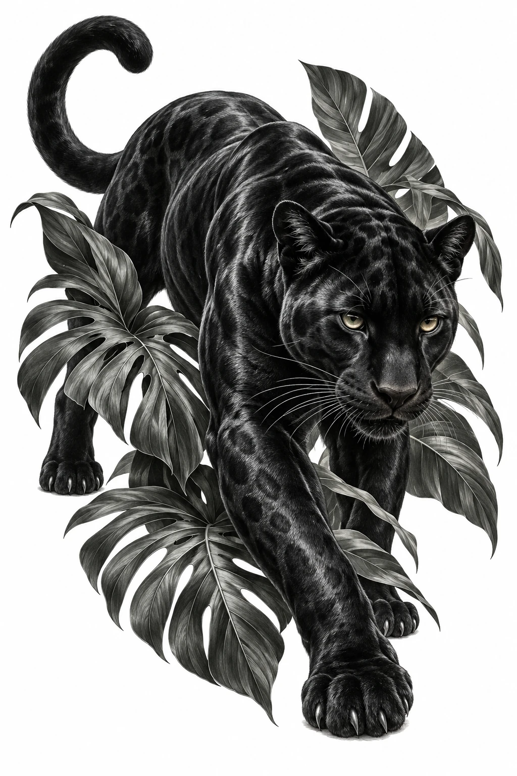 Desenho de tatuagem de Pantera negra entre folhas tropicais(2), modelo NR-0827, em preto e cinza.