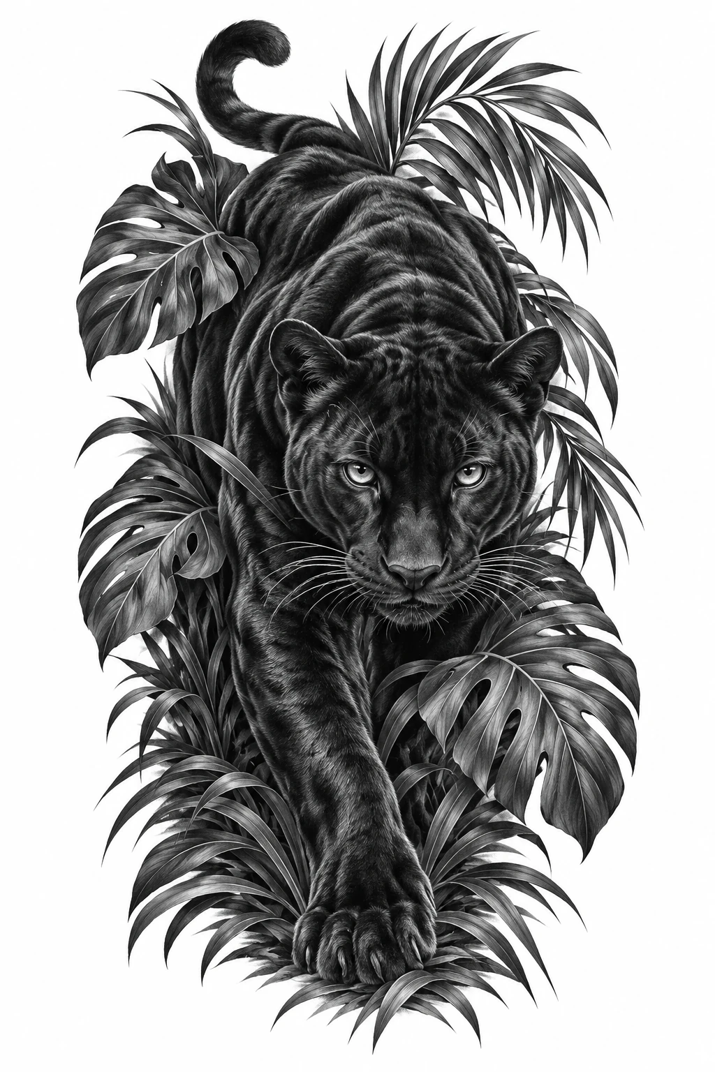 Desenho de tatuagem de Pantera negra entre folhas tropicais(3), modelo NR-0828, em preto e cinza.