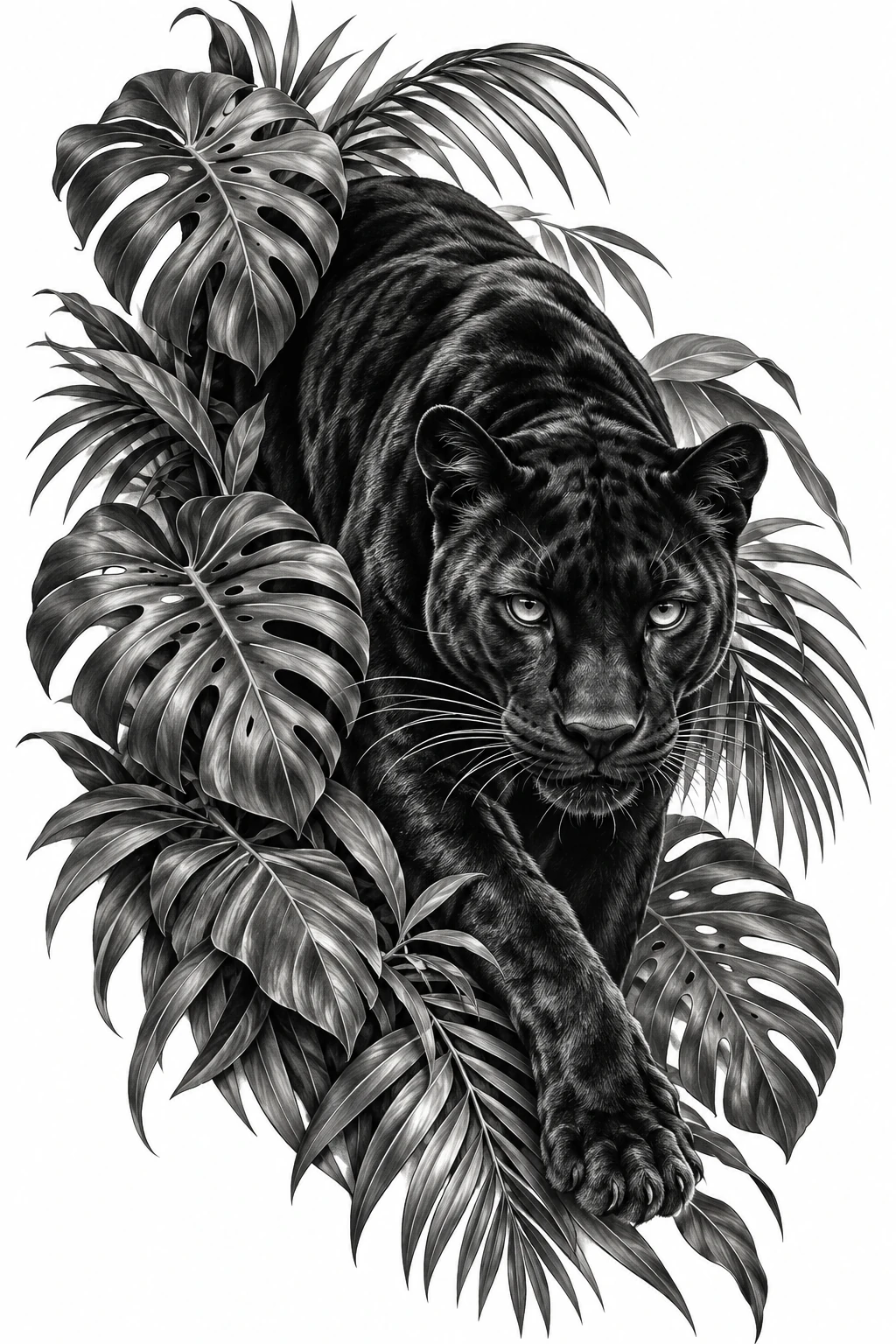 Desenho de tatuagem de Pantera negra entre folhas tropicais(4), modelo NR-0829, em preto e cinza.