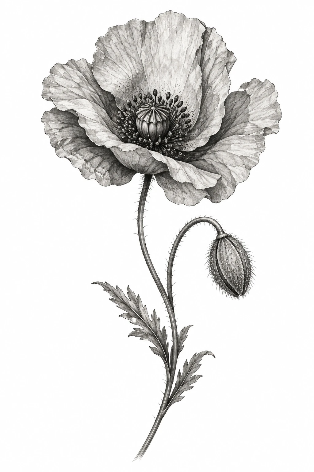 Desenho de tatuagem de Papoila florida com botão delicado, modelo NR-0830, em preto e cinza.