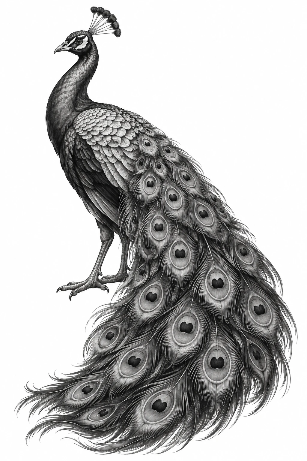 Desenho de tatuagem de Pavão em perfil, cauda parcialmente aberta, modelo NR-0831, em preto e cinza.