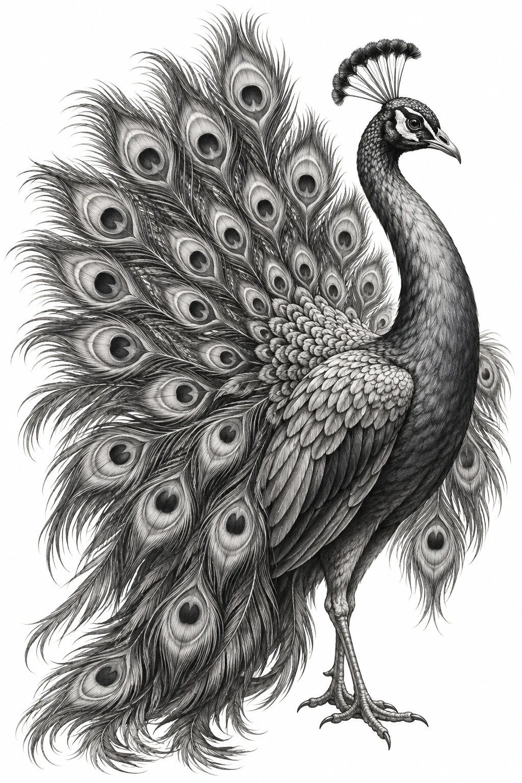 Desenho de tatuagem de Pavão majestoso em preto e cinza, modelo NR-0832, em preto e cinza.