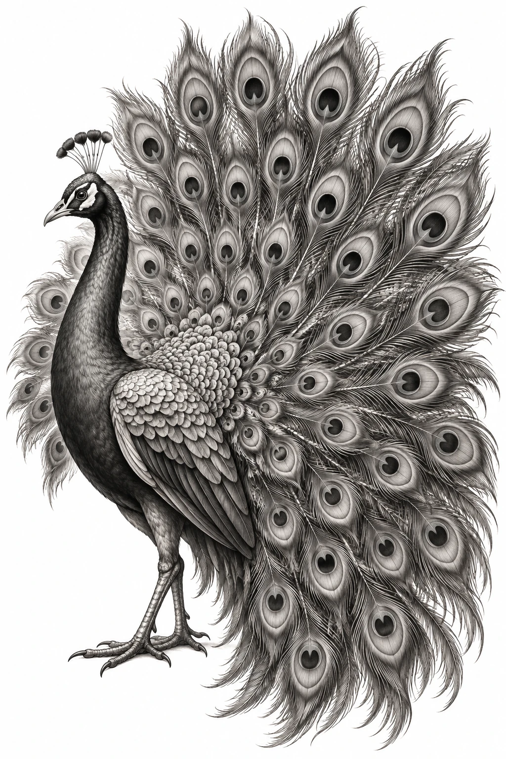 Desenho de tatuagem de Pavão realista com cauda em leque, modelo NR-0833, em preto e cinza.