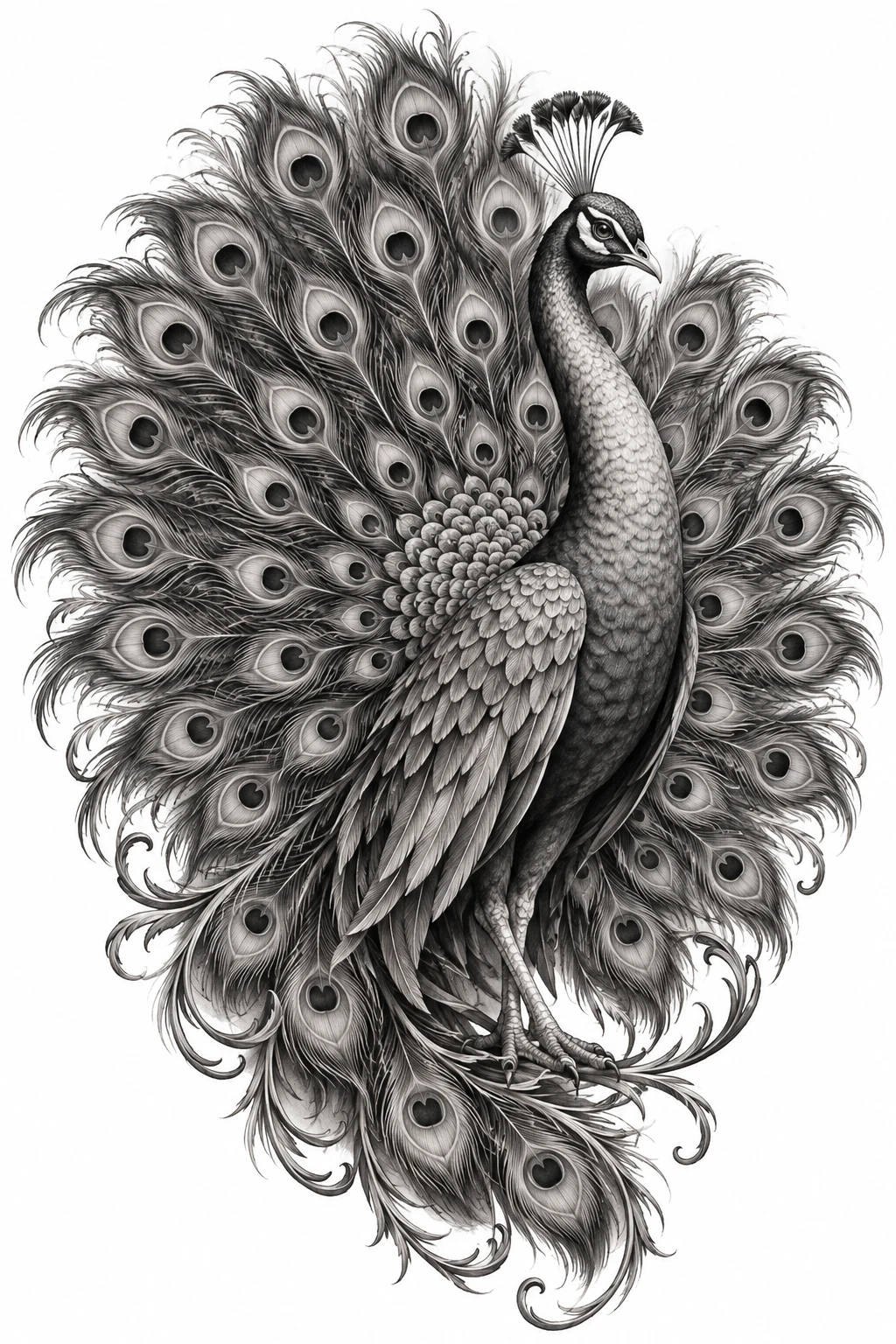 Desenho de tatuagem de Pavão realista com cauda ornamentada, modelo NR-0834, em preto e cinza.