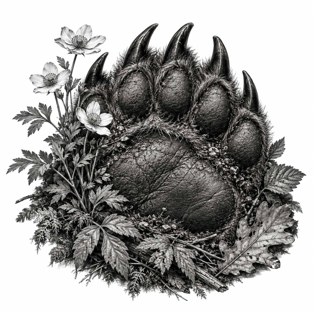 Desenho de tatuagem de Pegada de urso com flores silvestres, modelo NR-0835, em preto e cinza.