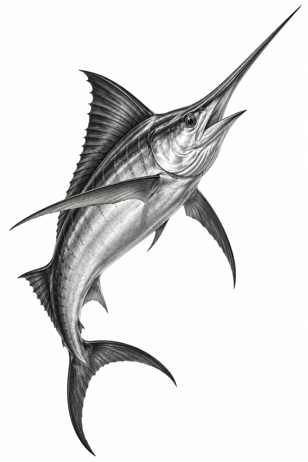 Desenho de tatuagem de Peixe-espada realista em preto e cinza, modelo NR-0836, em preto e cinza.