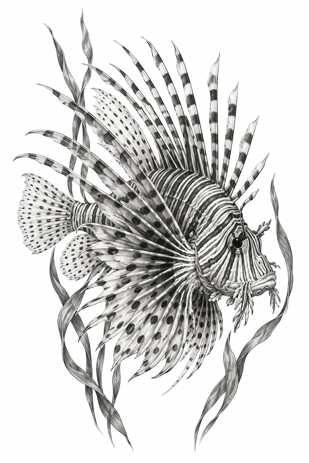Desenho de tatuagem de Peixe-leão elegante entre algas marinhas, modelo NR-0837, em preto e cinza.