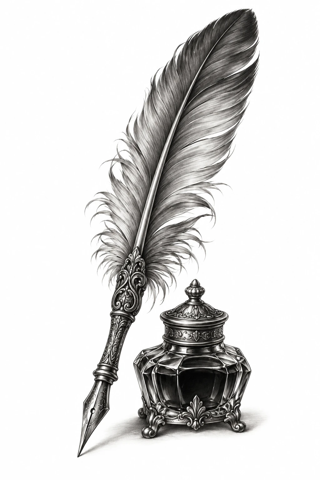 Desenho de tatuagem de Pena de escrever e tinteiro ornamentado, modelo NR-0839, em preto e cinza.
