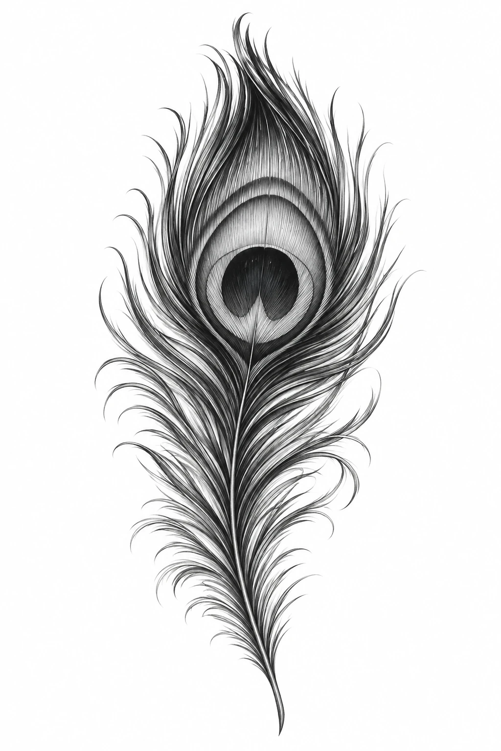 Desenho de tatuagem de Pena de pavão ornamentada em cinza, modelo NR-0840, em preto e cinza.